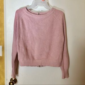 Chunky Cotton Knit Pink Crew Neck Sweater Zipper